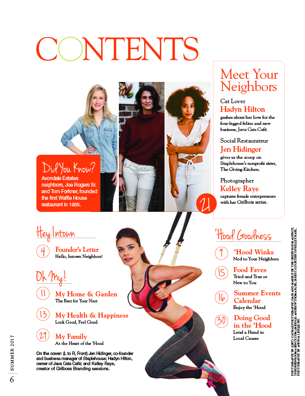 My Intown magazine table of contents shows photos of three ladies poising and one lady exercising